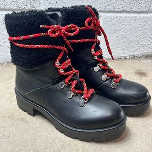 black 9.5 Aquatalia Jamie leather Shearling Lug sole hiking weatherproof boots